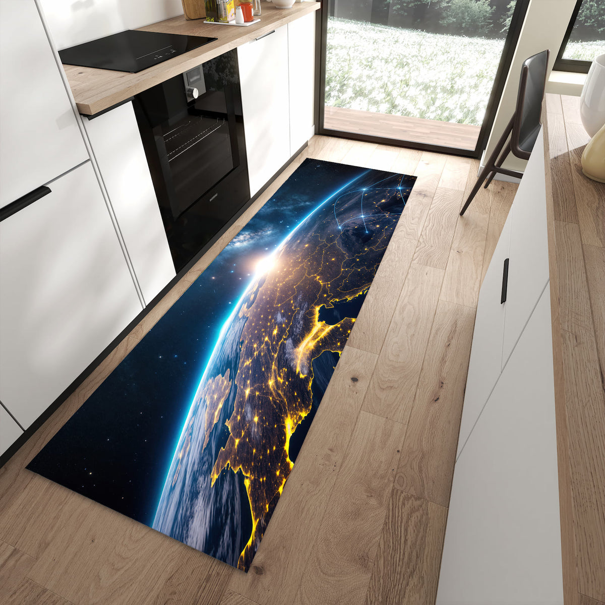 Flacher Küchenteppich mit Motiv Sonnenaufgang mit Erde in moderner Küche