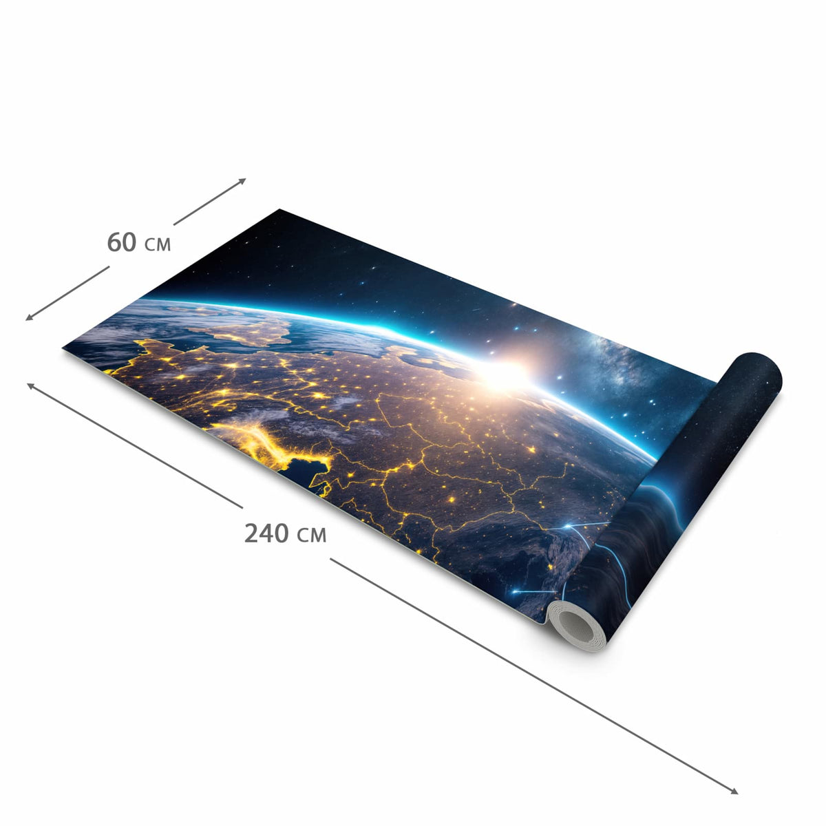 Fleckenresistenter Küchenteppich mit Motiv Sonnenaufgang mit Erde in der Grösse 60x150 cm, waschbar
