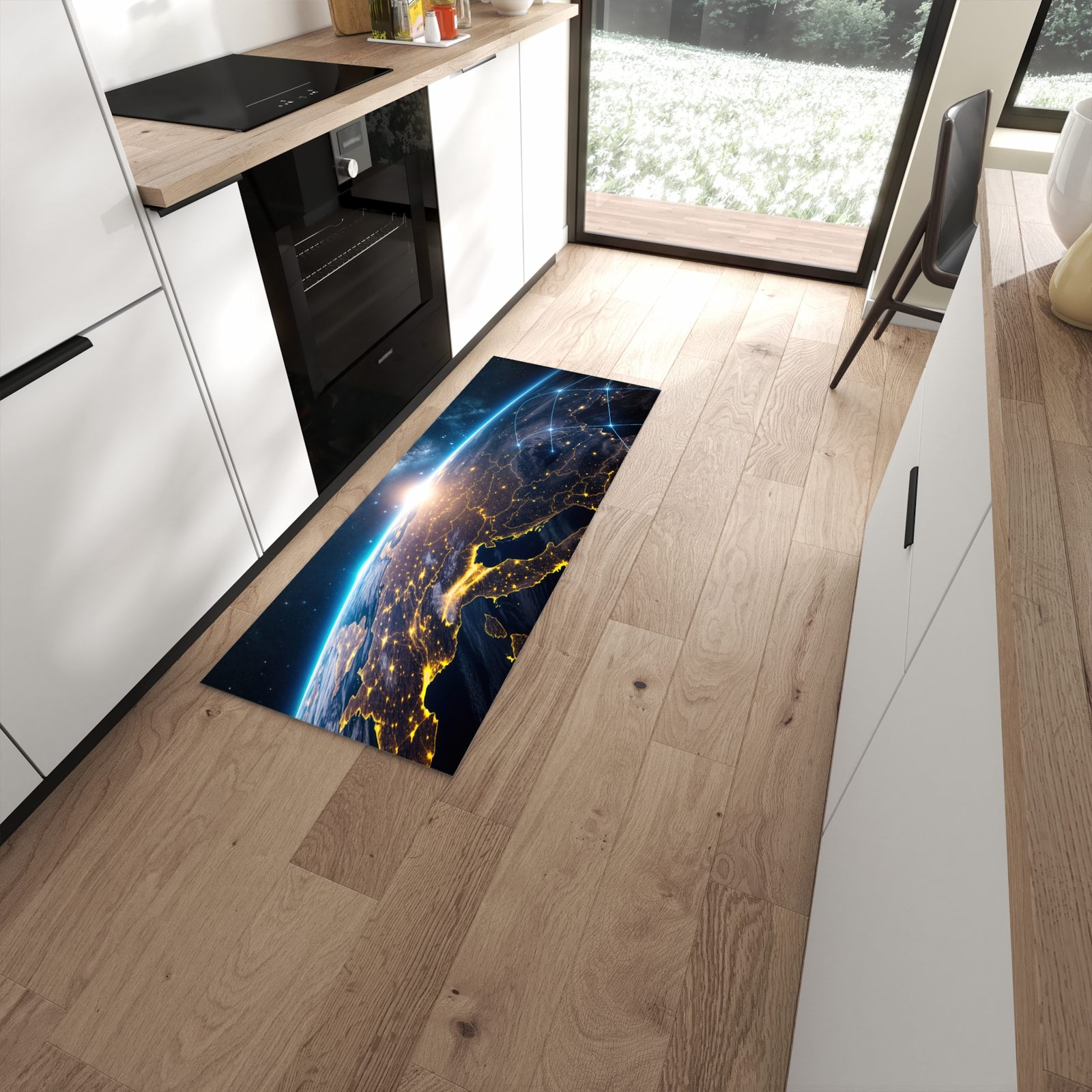 UV-beständiger abwaschbarer Küchenläufer mit Motiv Sonnenaufgang mit Erde in moderner Küche #grösse_60 x 150 cm
