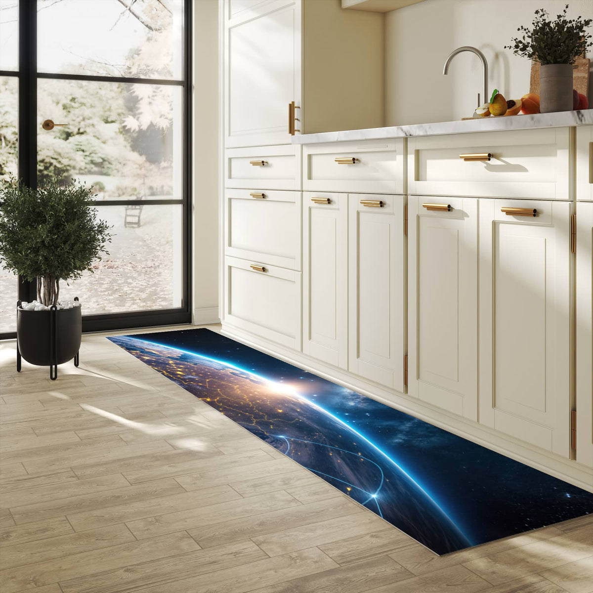UV-beständiger Küchenteppich mit Motiv Sonnenaufgang mit Erde in heller Küche
