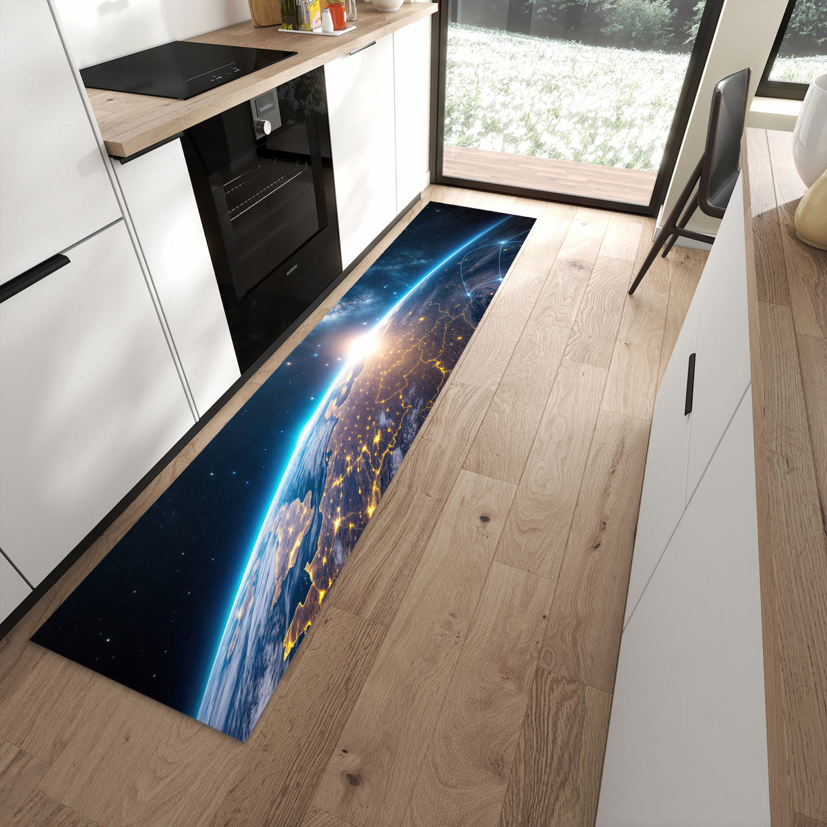 Fleckenresistenter Küchenteppich mit Motiv Sonnenaufgang mit Erde in moderner Küche