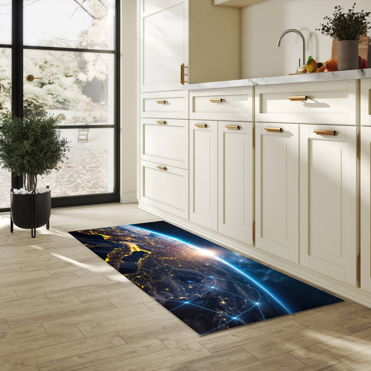 Wasserabweisender Küchenläufer mit Motiv Sonnenaufgang mit Erde in heller Küche
