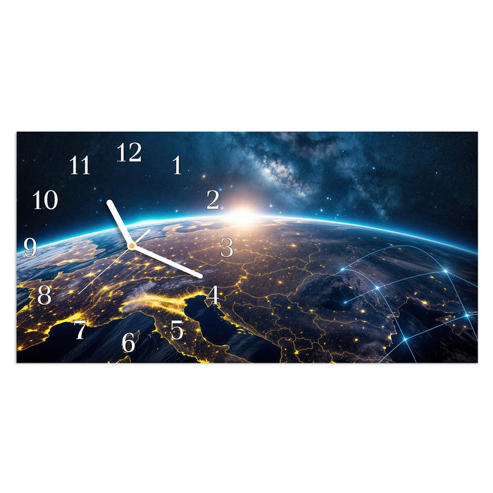 Wanduhr Sonnenaufgang mit Erde aus Glas – Querformat 60 × 30 cm mit Ziffernblatt Klassisch