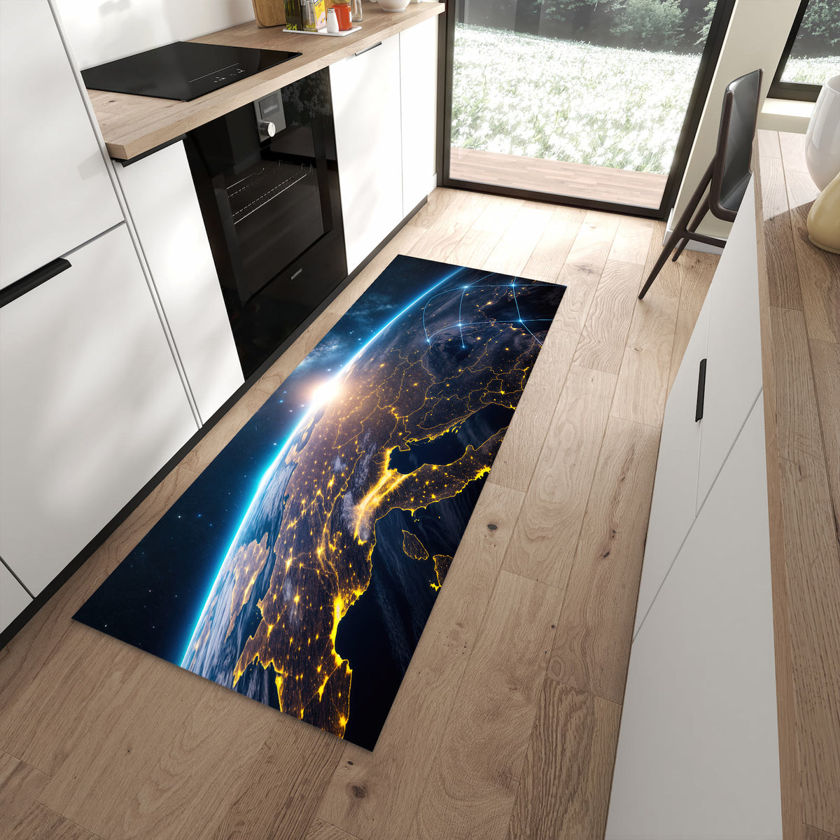Langlebiger Küchenteppich mit Motiv Sonnenaufgang mit Erde in moderner Küche