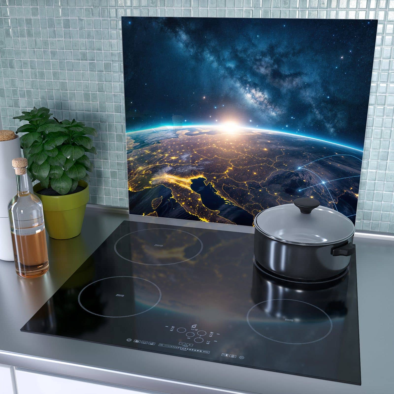 1-teilige Herdabdeckplatte aus Glas mit Sonnenaufgang mit Erde-Motiv als Spritzschutz hinter dem Kochfeld