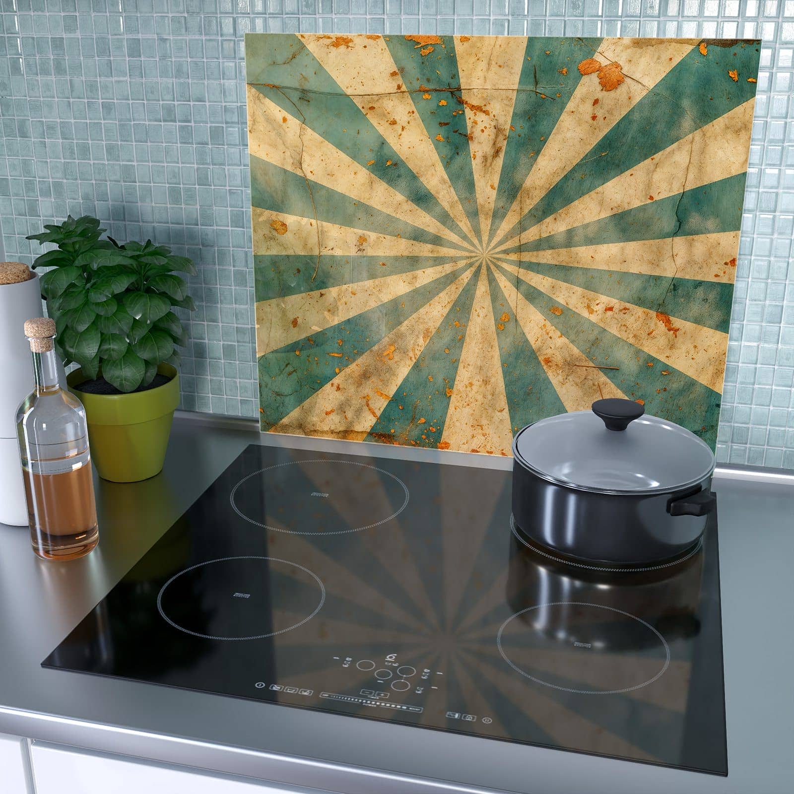 1-teilige Abdeckplatten für Ceranfeld mit Retro Sonnenstrahlen-Motiv als Spritzschutz hinter dem Kochfeld