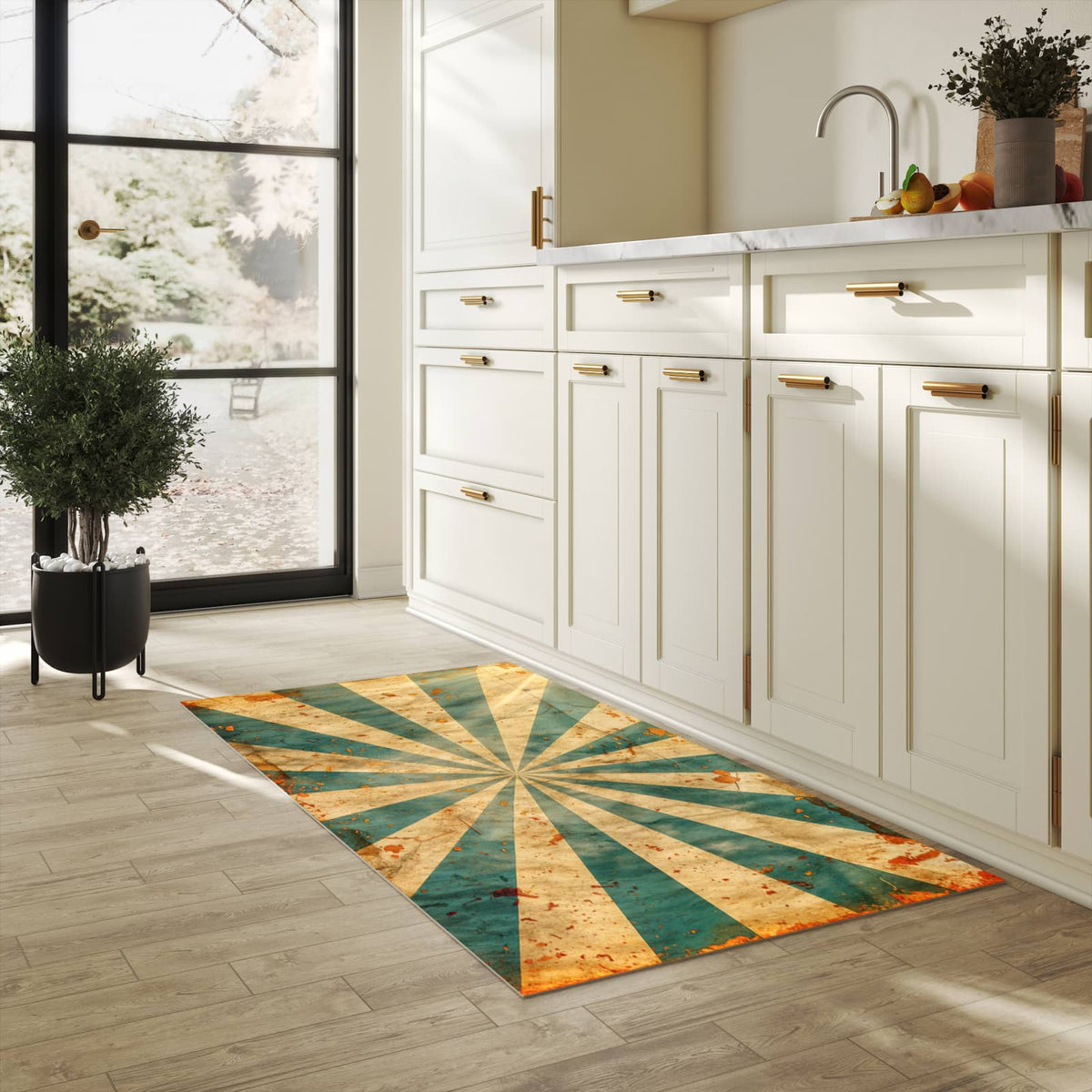 Bodenschonender waschbarer Küchenteppich mit Motiv Retro Sonnenstrahlen in heller Küche