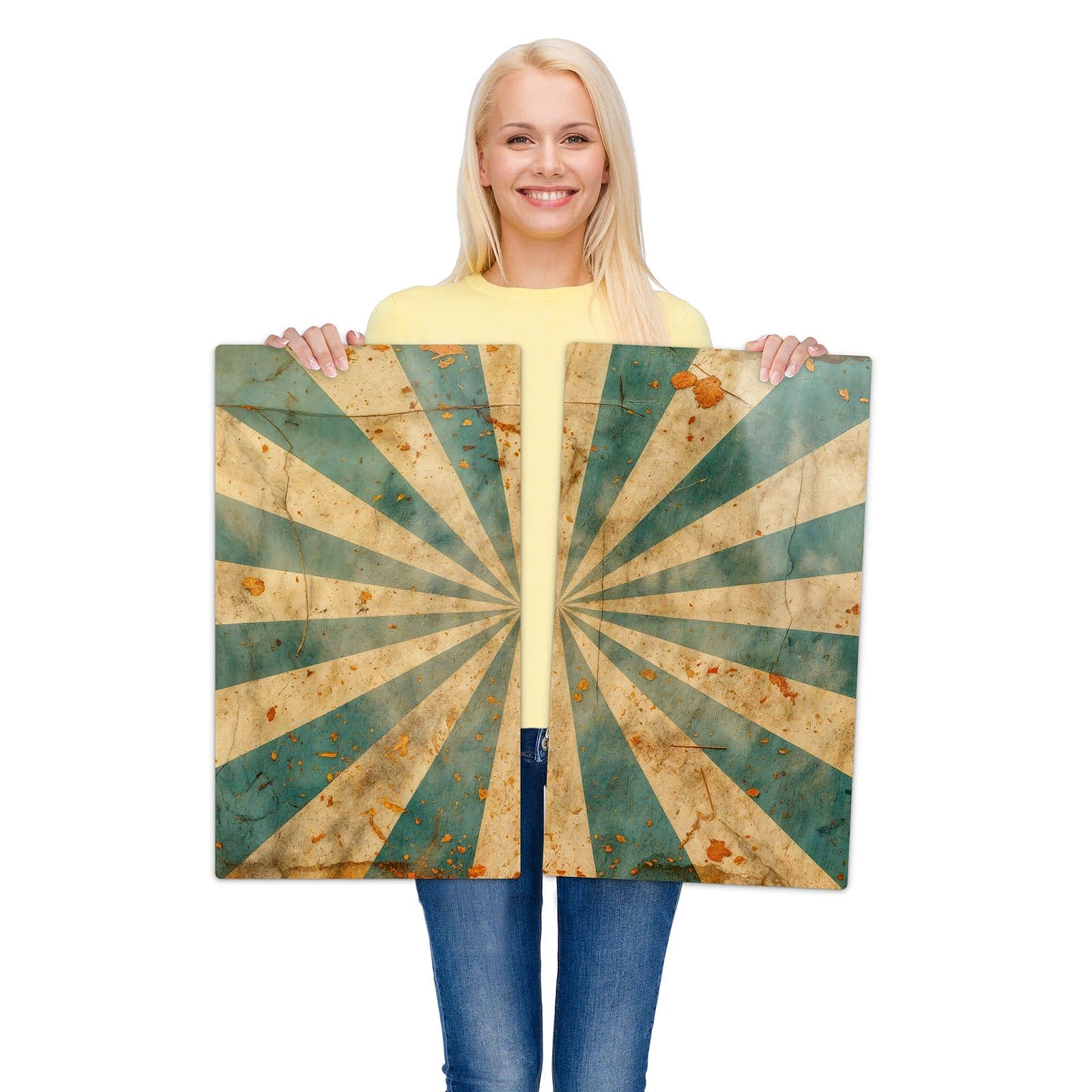 2-teilige Herd Schutzplatte mit Retro Sonnenstrahlen-Motiv wird zur Größendarstellung gehalten