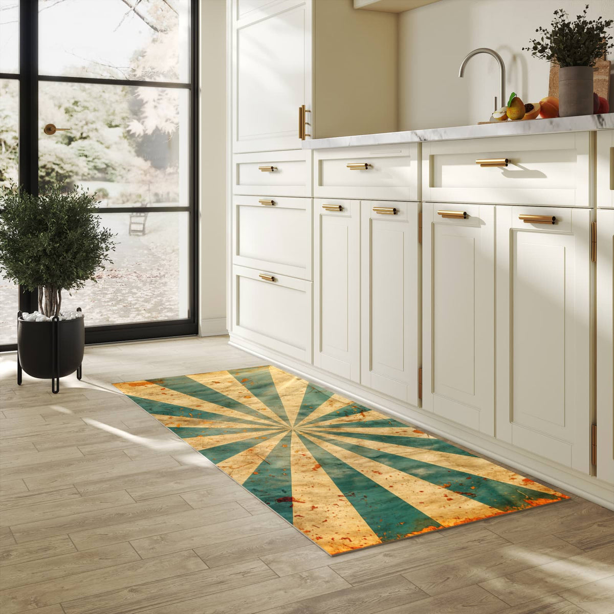 Rutschfester Küchenteppich mit Motiv Retro Sonnenstrahlen in heller Küche
