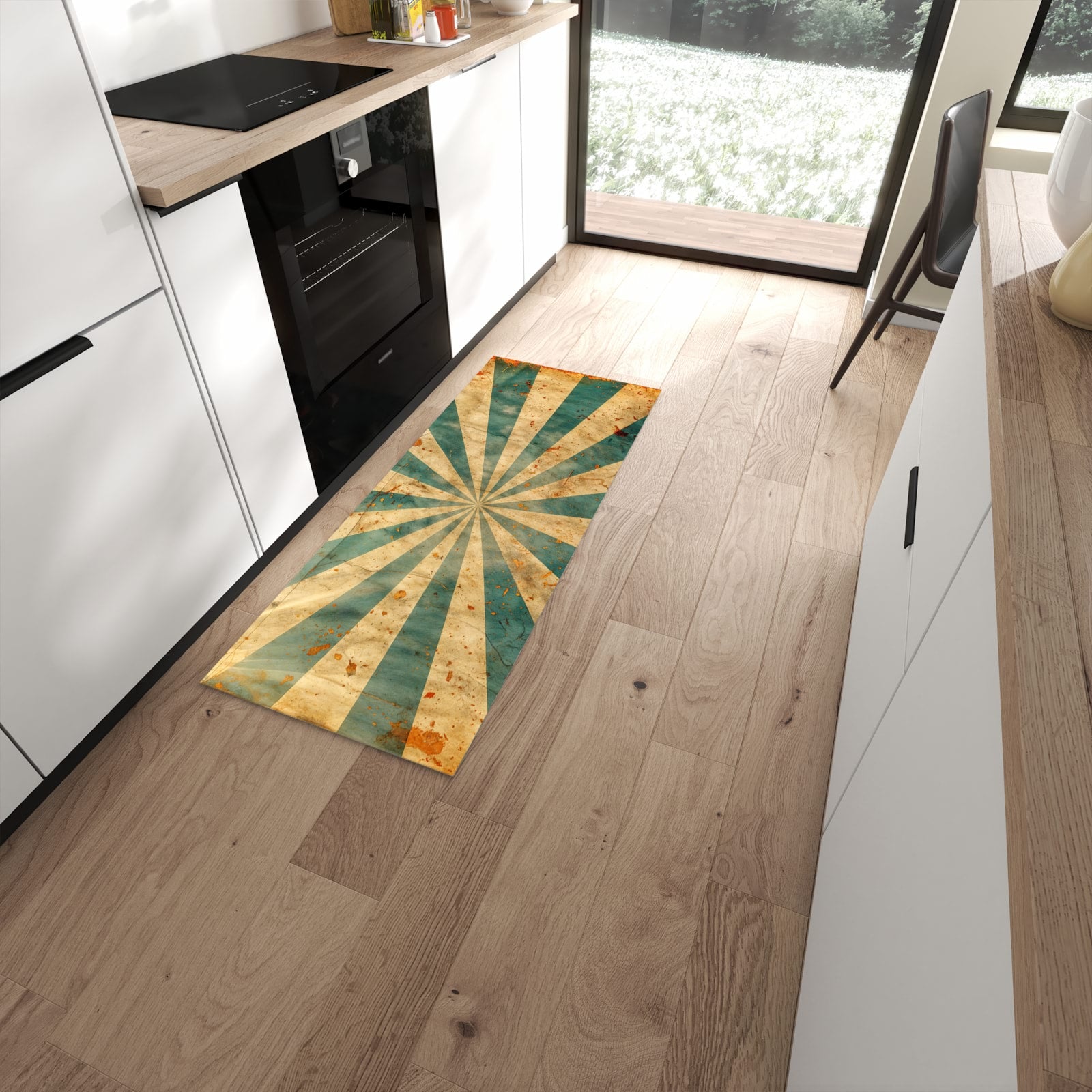 Waschbarer Küchenteppich mit Motiv Retro Sonnenstrahlen in moderner Küche #grösse_60 x 150 cm
