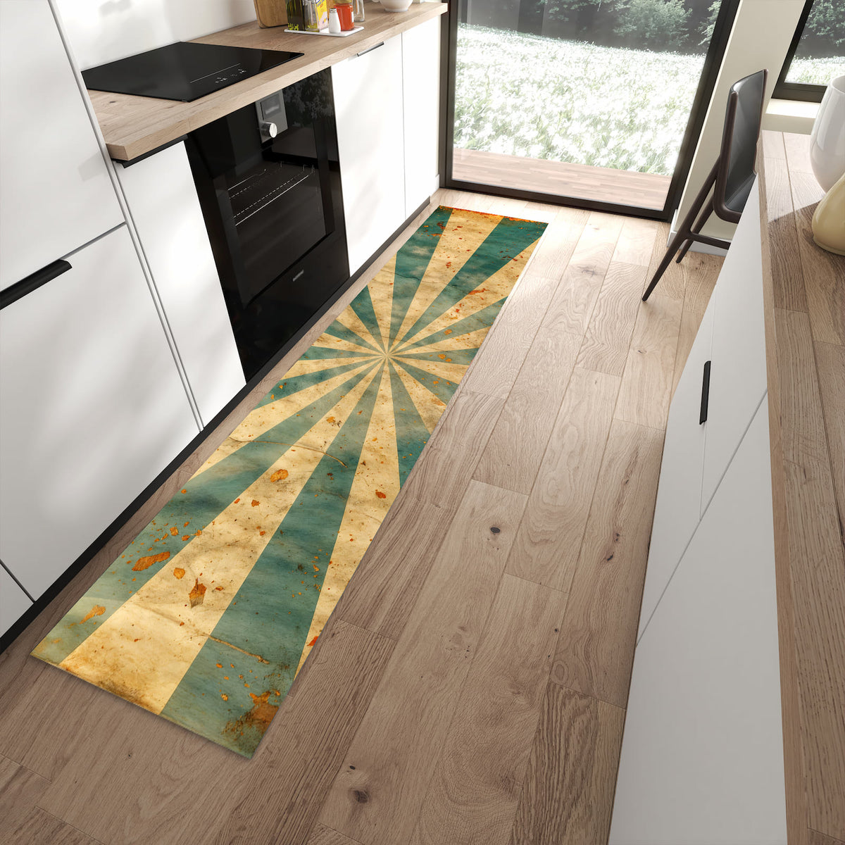 Feuchtigkeitsresistenter Küchenläufer mit Motiv Retro Sonnenstrahlen in moderner Küche