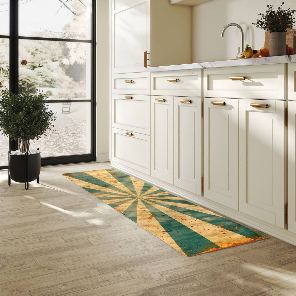 Hygienischer rutschfester Küchenteppich mit Motiv Retro Sonnenstrahlen in heller Küche