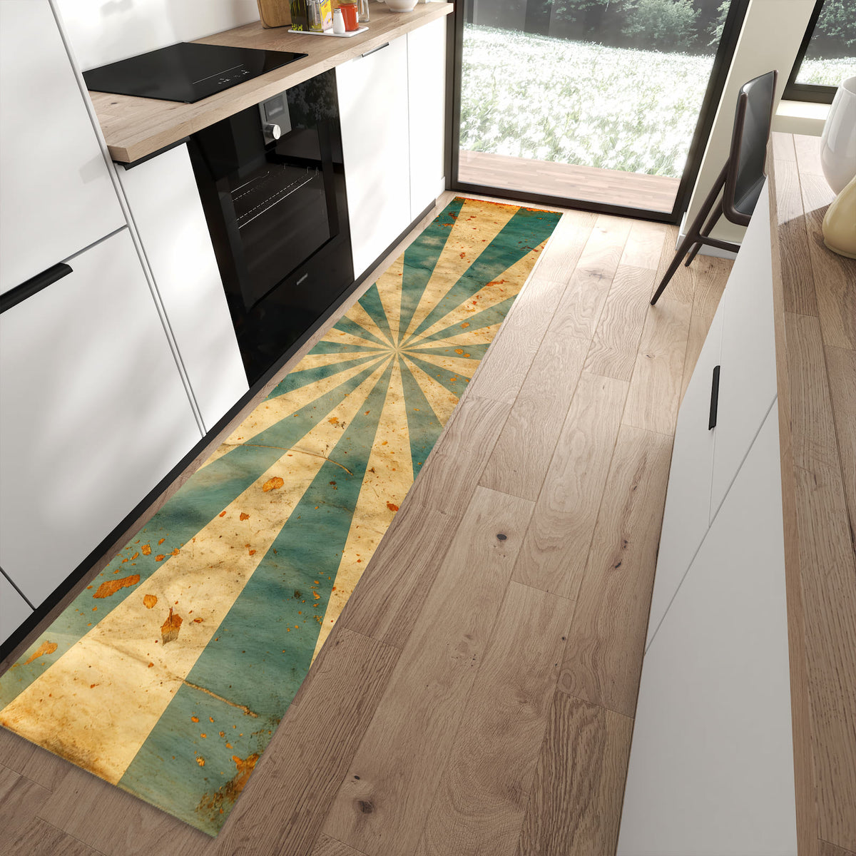 Rutschfester Küchenläufer mit Motiv Retro Sonnenstrahlen schützt Böden in moderner Küche