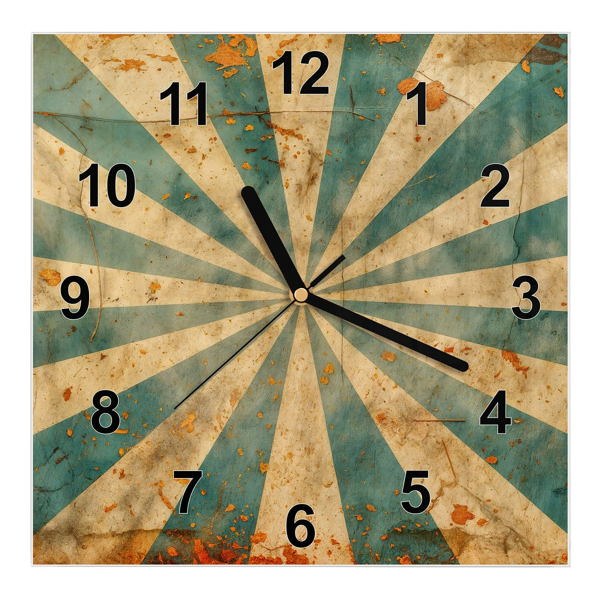 Wanduhr aus Glas, Ziffernblatt Modern mit Motiv Retro Sonnenstrahlen: Strahlenkranz in Petrol und Creme auf vergilbtem Papier mit Rostflecken #ziffernblatt_Modern