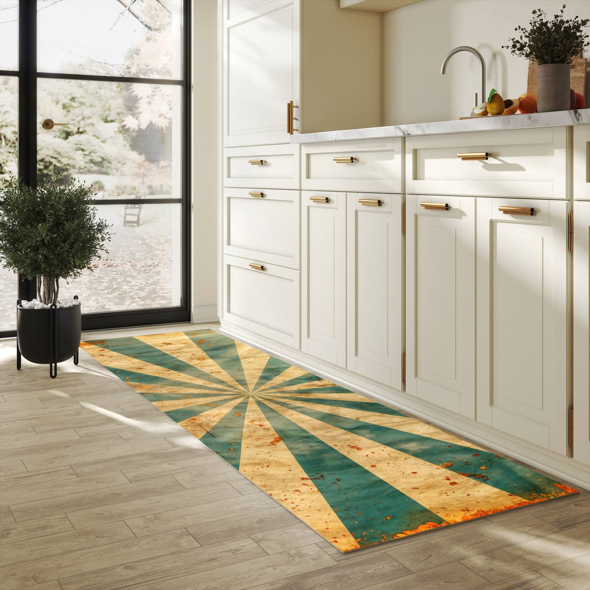 Bodenschonender Bodenläufer-Teppich mit Motiv Retro Sonnenstrahlen in heller Küche