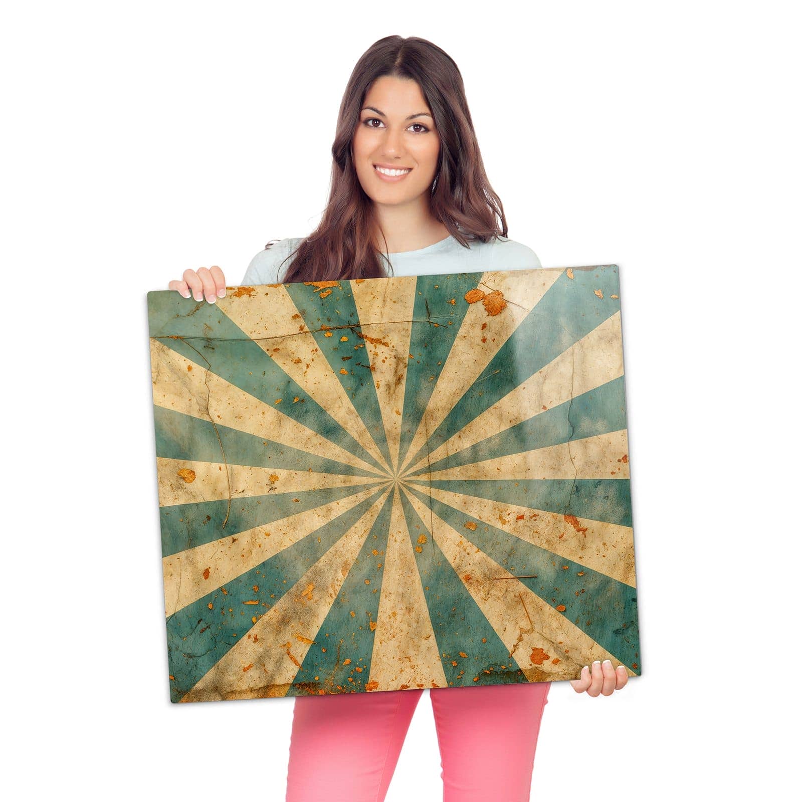 Herdabdeckplatte aus Glas mit Retro Sonnenstrahlen-Motiv wird zur Größendarstellung gehalten