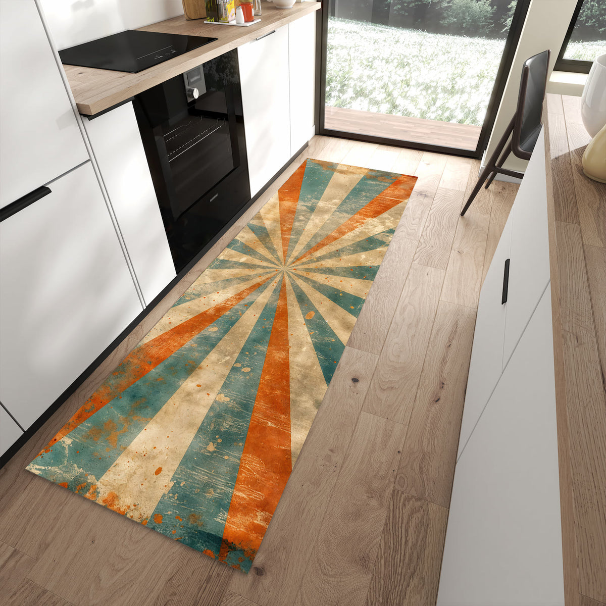 Komfortabler rutschfester Küchenteppich mit Motiv Retro Strahlen Design in moderner Küche