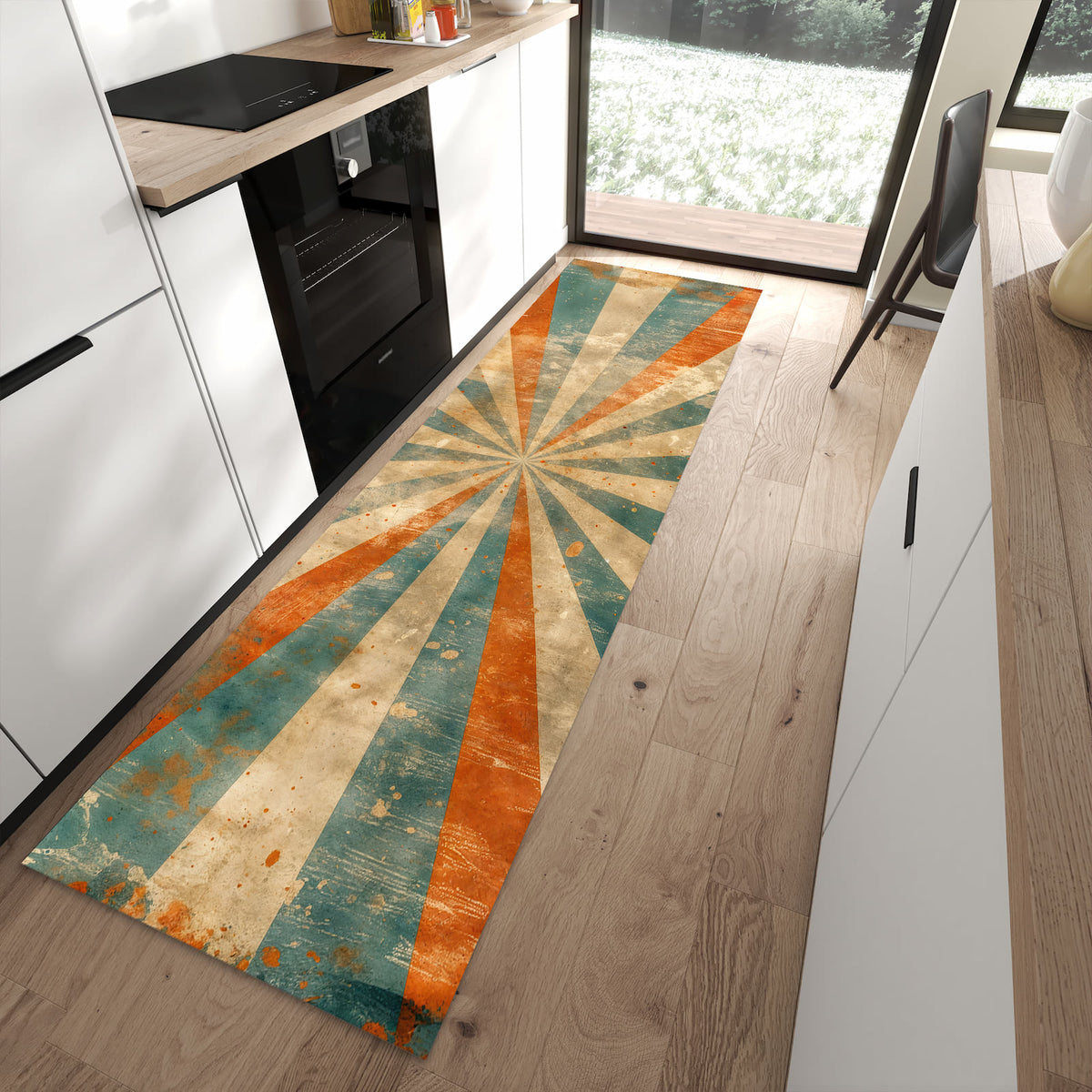 Rutschfester Küchenteppich mit Motiv Retro Strahlen Design in moderner Küche
