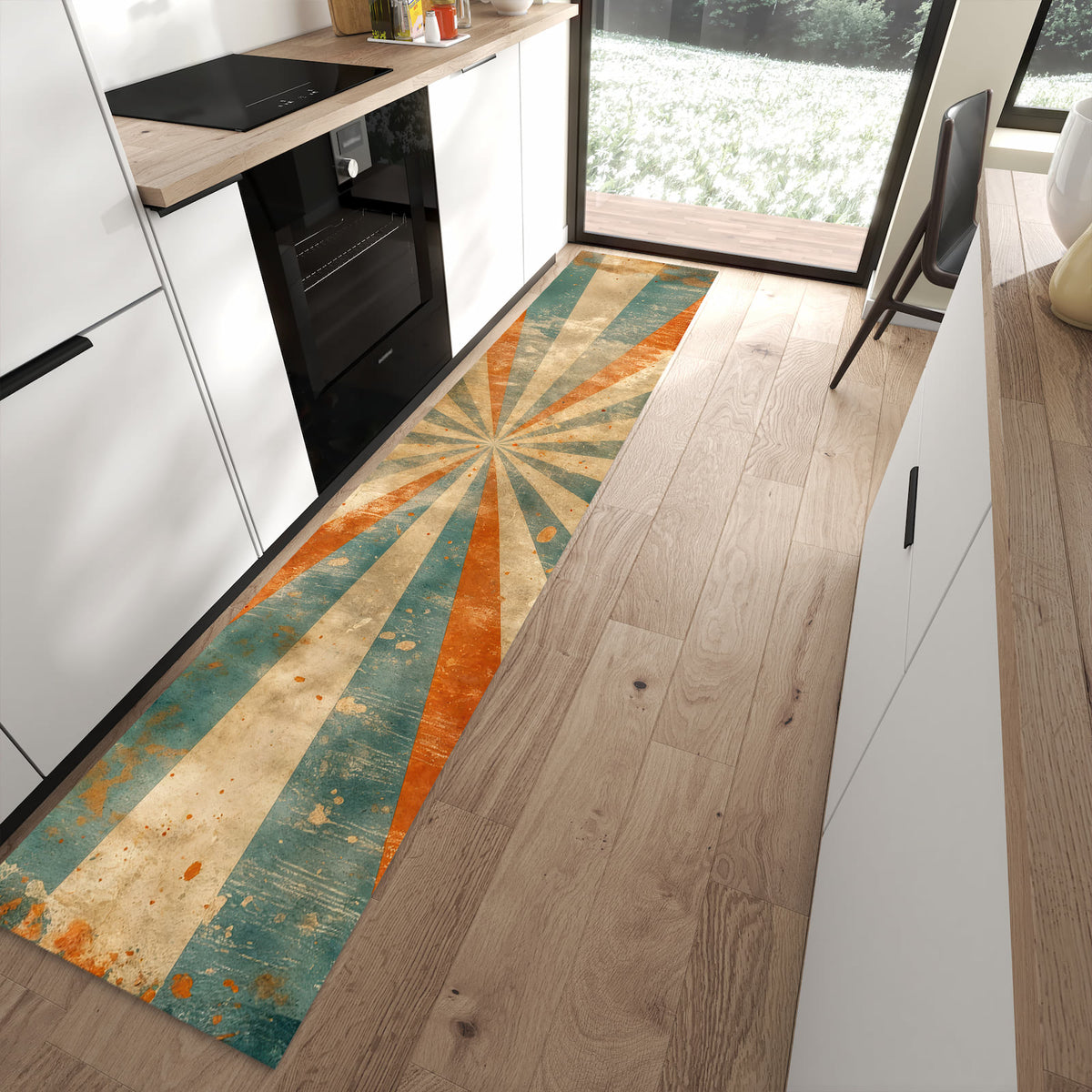 Langlebiger Küchenteppich mit Motiv Retro Strahlen Design in moderner Küche