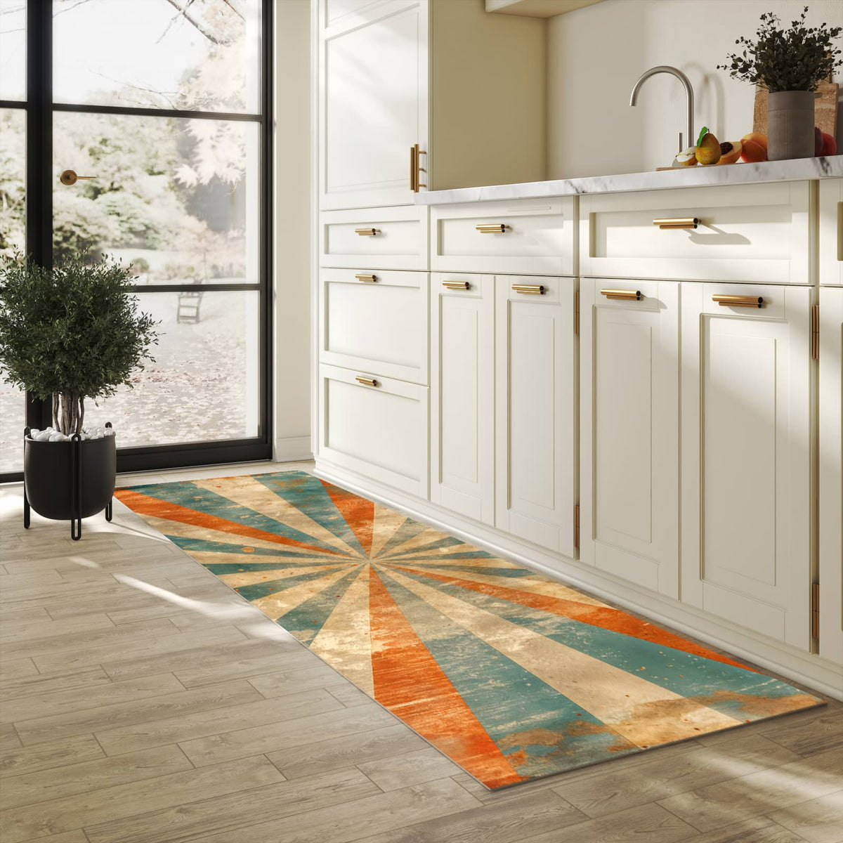 Langlebiger Teppichläufer mit Motiv Retro Strahlen Design in heller Küche