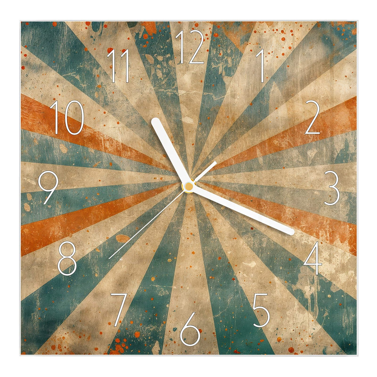 Wanduhr aus Glas, Ziffernblatt Elegant: Vintage-Strahlenkranz aus Creme, Petrol und Orange mit Grunge-Flecken #ziffernblatt_Elegant