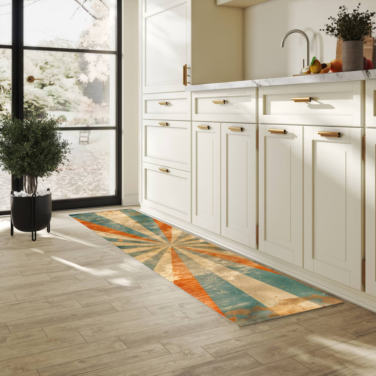 Küchenteppich mit Motiv Retro Strahlen Design für Trittkomfort in heller Küche