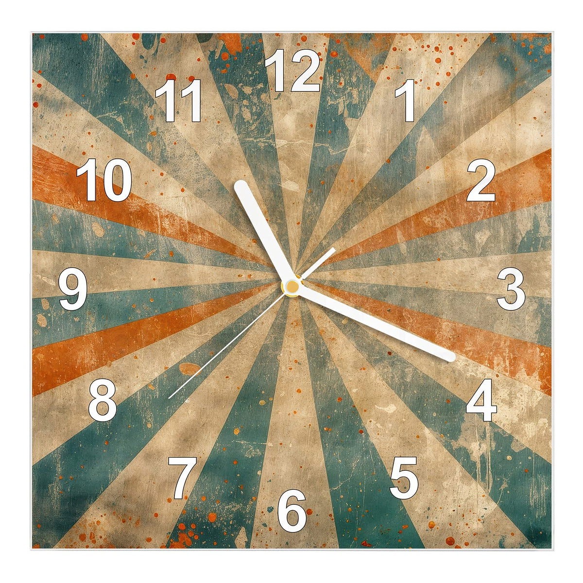 Wanduhr aus Glas, Ziffernblatt Modern: Vintage-Strahlenkranz aus Creme, Petrol und Orange mit Grunge-Flecken #ziffernblatt_Modern