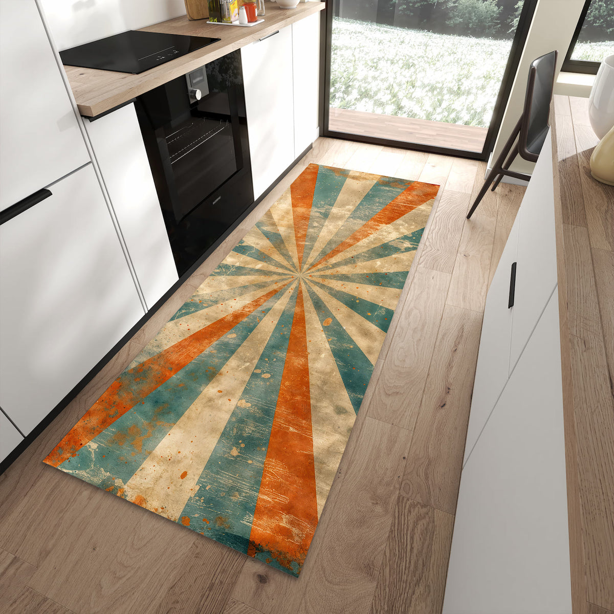 Hygienischer großer Küchenteppich mit Motiv Retro Strahlen Design in moderner Küche
