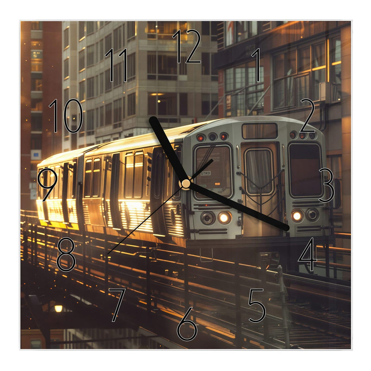 Wanduhr aus Glas, Ziffernblatt Elegant: Silberner Hochbahnzug auf Stahltrasse zwischen Hochhäusern im goldenen Abendlicht #ziffernblatt_Elegant