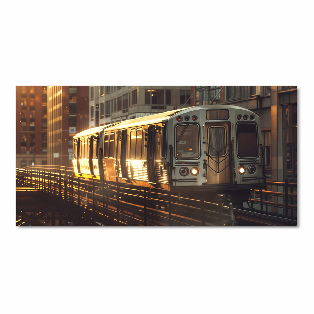 Zeitsparender Küchenteppich mit Motiv Stadtzug Sonnenuntergang in Frontansicht