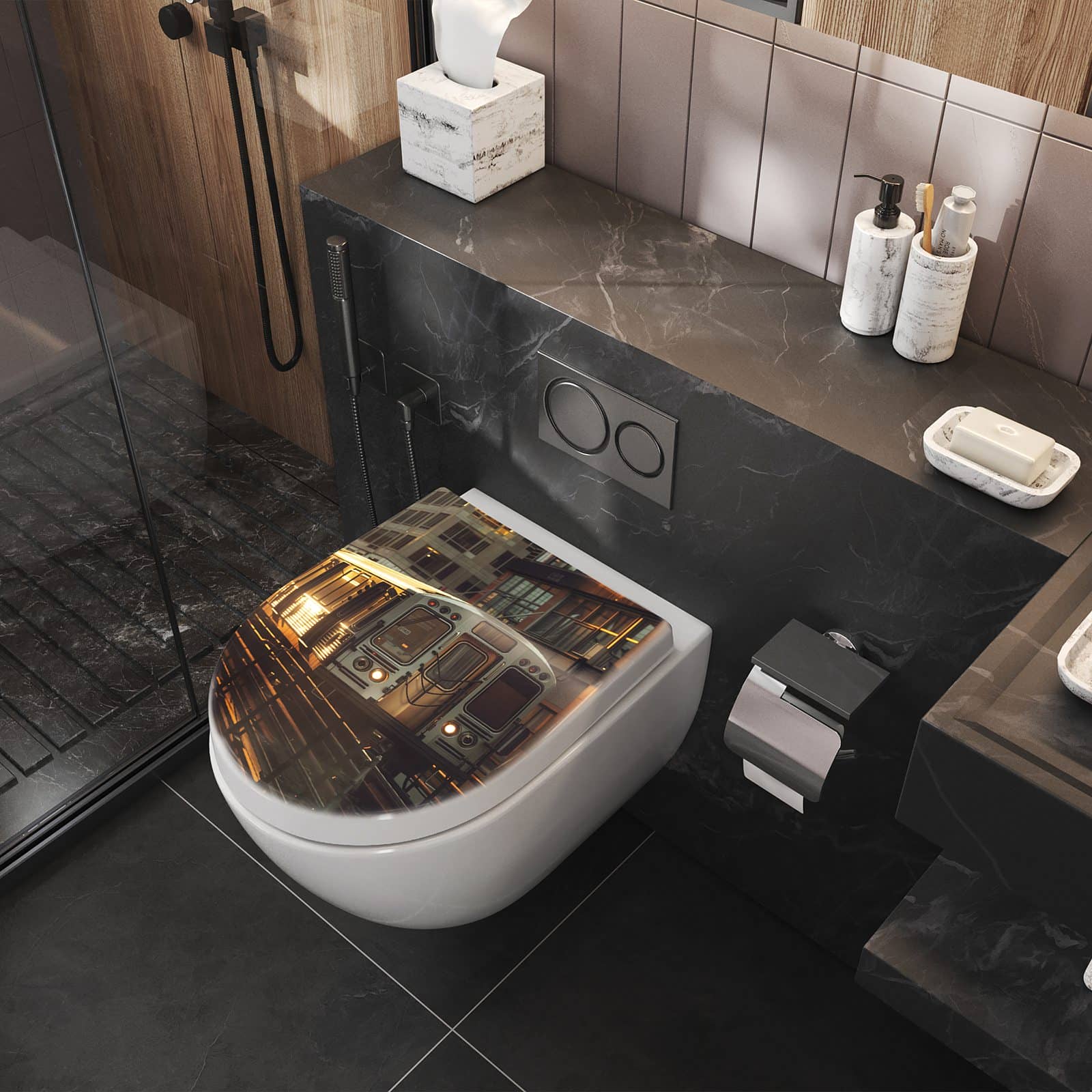 WC-Sitz mit Absenkautomatik Stadtzug Sonnenuntergang