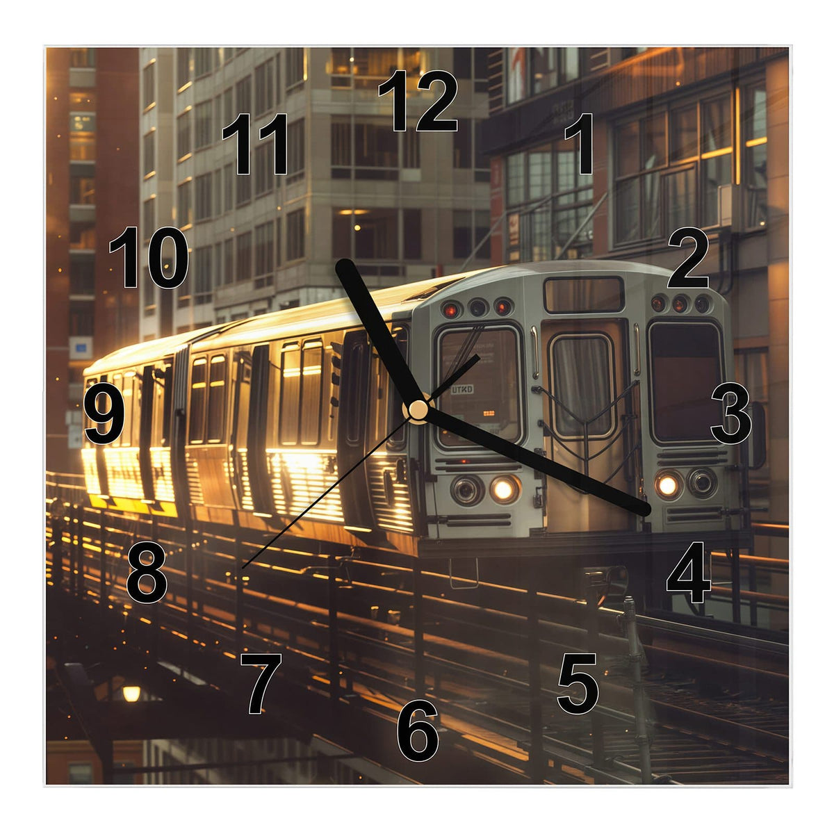 Wanduhr aus Glas, Ziffernblatt Modern: Silberner Hochbahnzug auf Stahltrasse zwischen Hochhäusern im goldenen Abendlicht #ziffernblatt_Modern