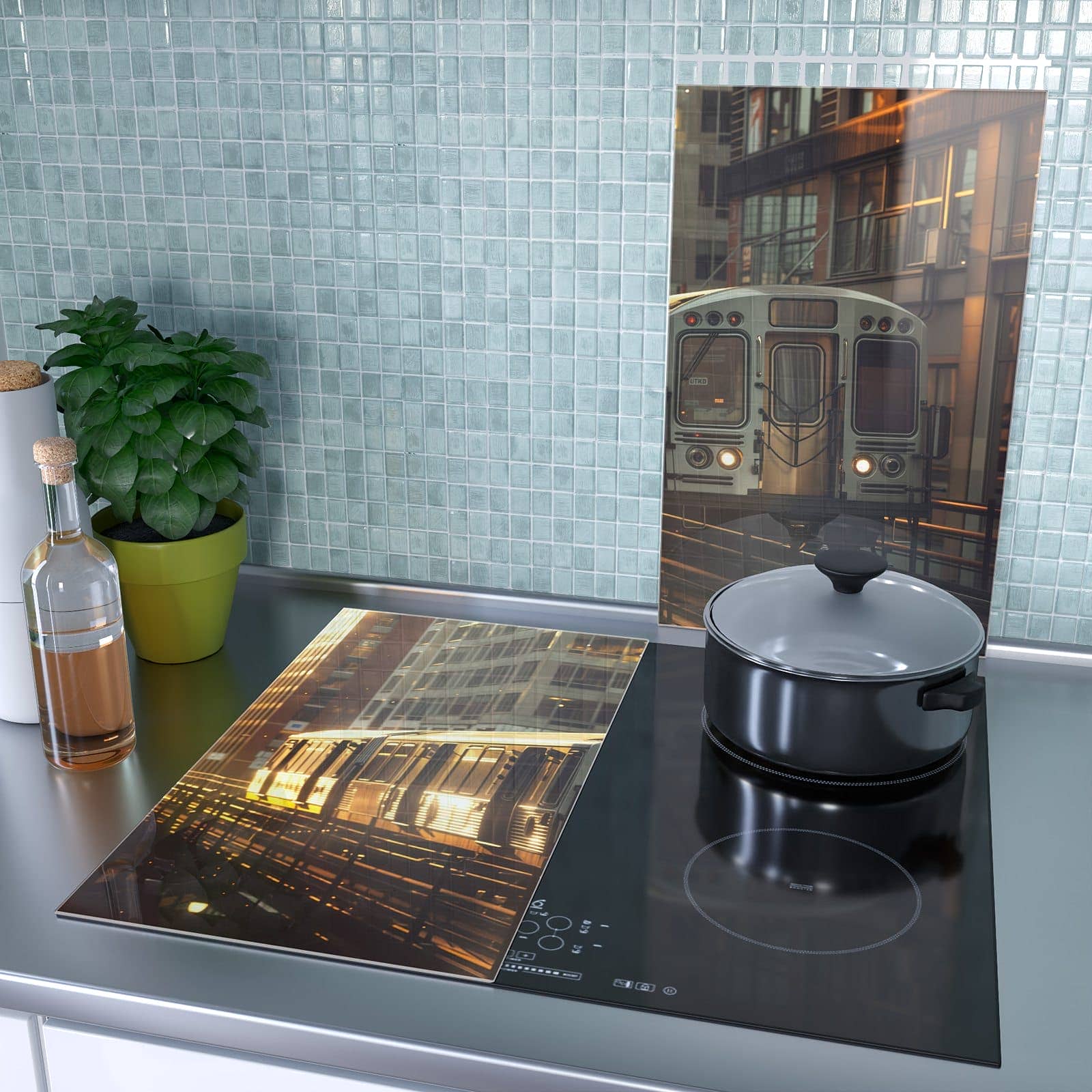 2-teilige Abdeckplatten für Herd mit Stadtzug Sonnenuntergang-Motiv als Spritzschutz hinter dem Kochfeld