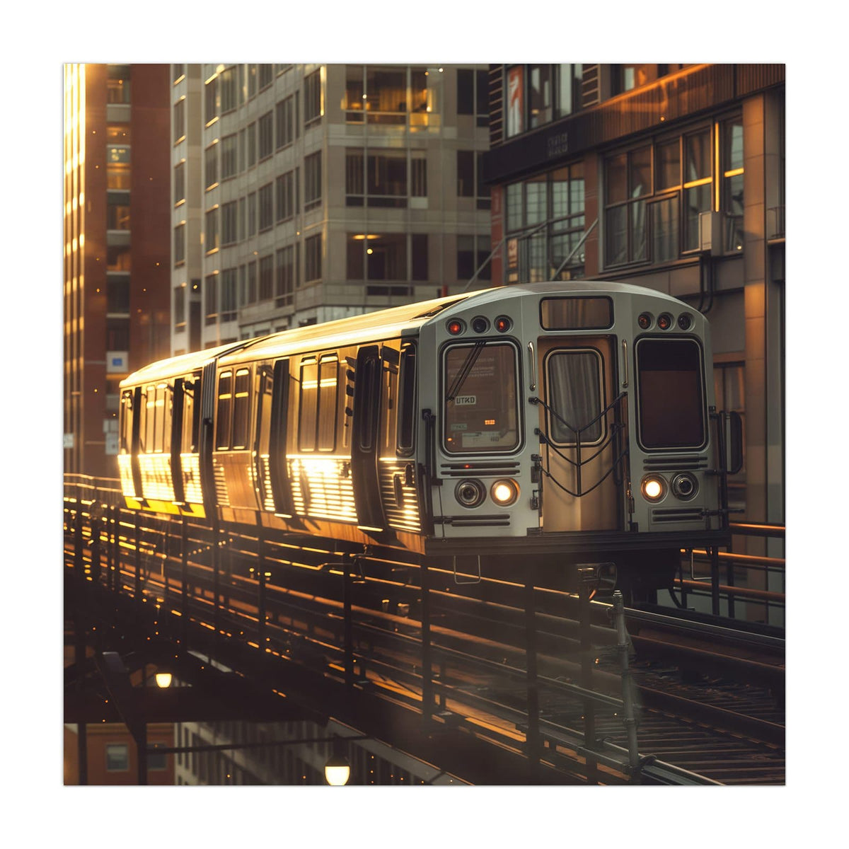 Küchenrückwand aus Glas Hochbahn im Abendlicht im quadratischen Format, Motiv bildfüllend von vorn