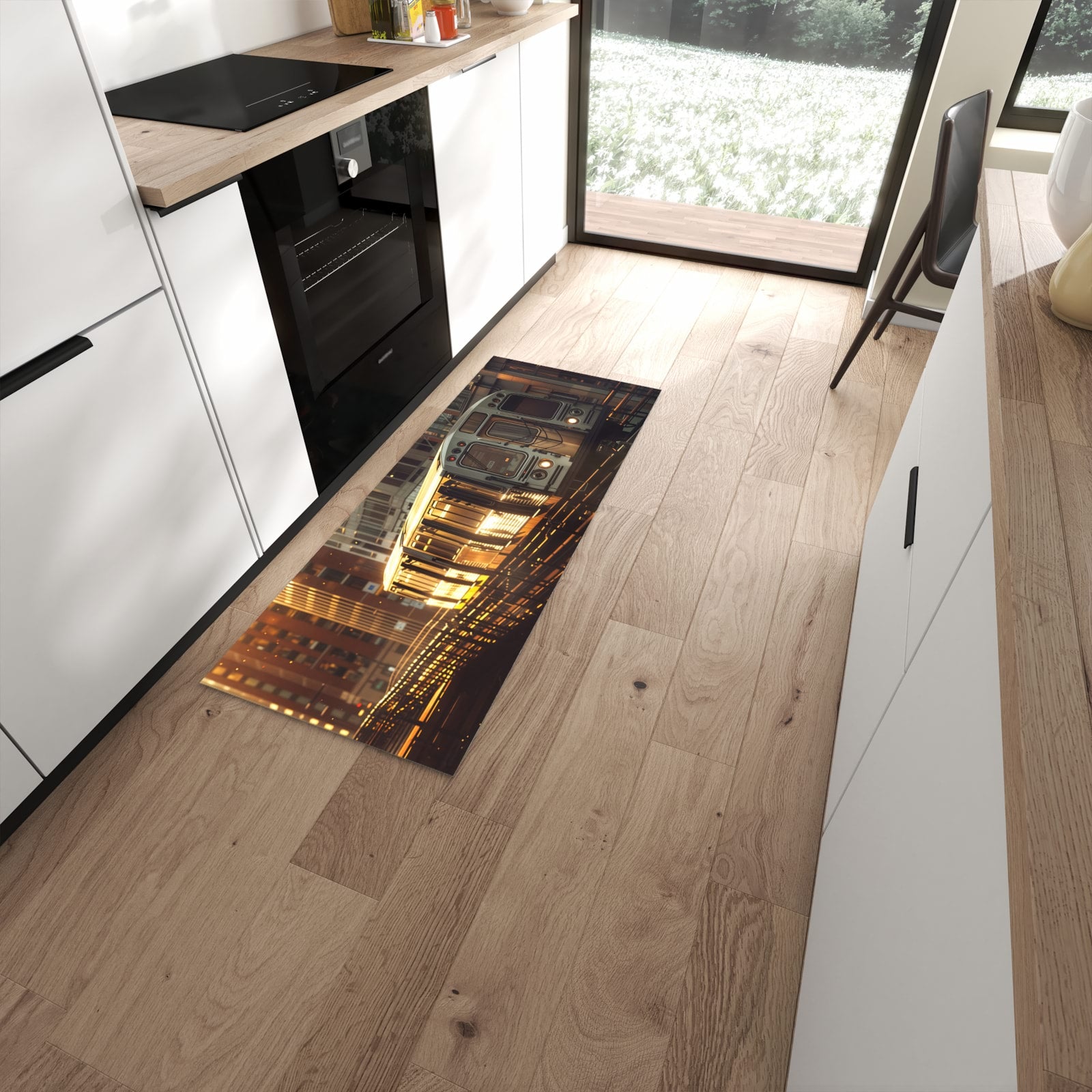 Rutschfester waschbarer Küchenteppich mit Motiv Stadtzug Sonnenuntergang in moderner Küche #grösse_60 x 150 cm