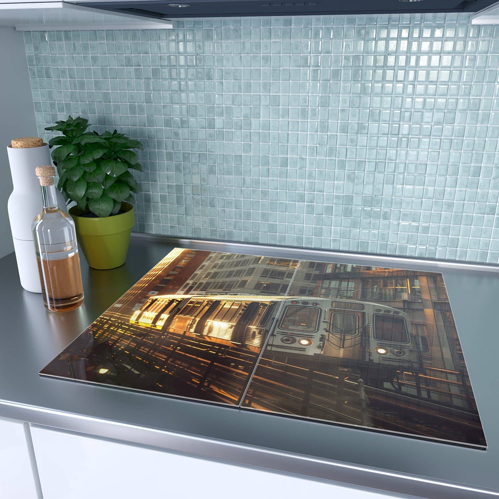 2-teilige Glasabdeckplatte für Ceranfeld mit Stadtzug Sonnenuntergang-Motiv auf dem Ceranfeld