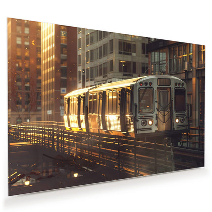 Wandbild mit dem Motiv Hochbahn im Abendlicht