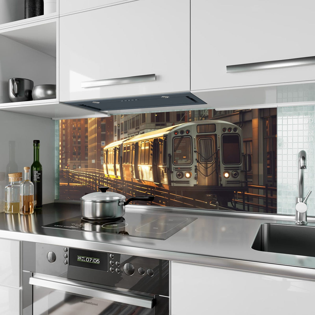 Küchenrückwand aus Glas Hochbahn im Abendlicht im Hochformat als Spritzschutz hinter dem Kochfeld, über dem Fliesenspiegel montiert