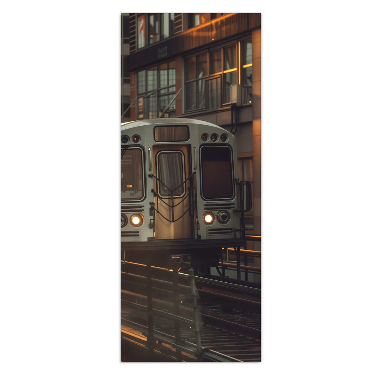 Wandbild - Hochbahn im Abendlicht - Hochformat – Zug auf Hochbahn im Abendlicht