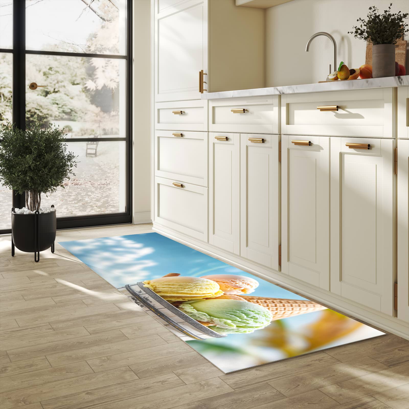 Hygienischer Bodenläufer Teppich mit Motiv Eis von Sommerliches in heller Küche