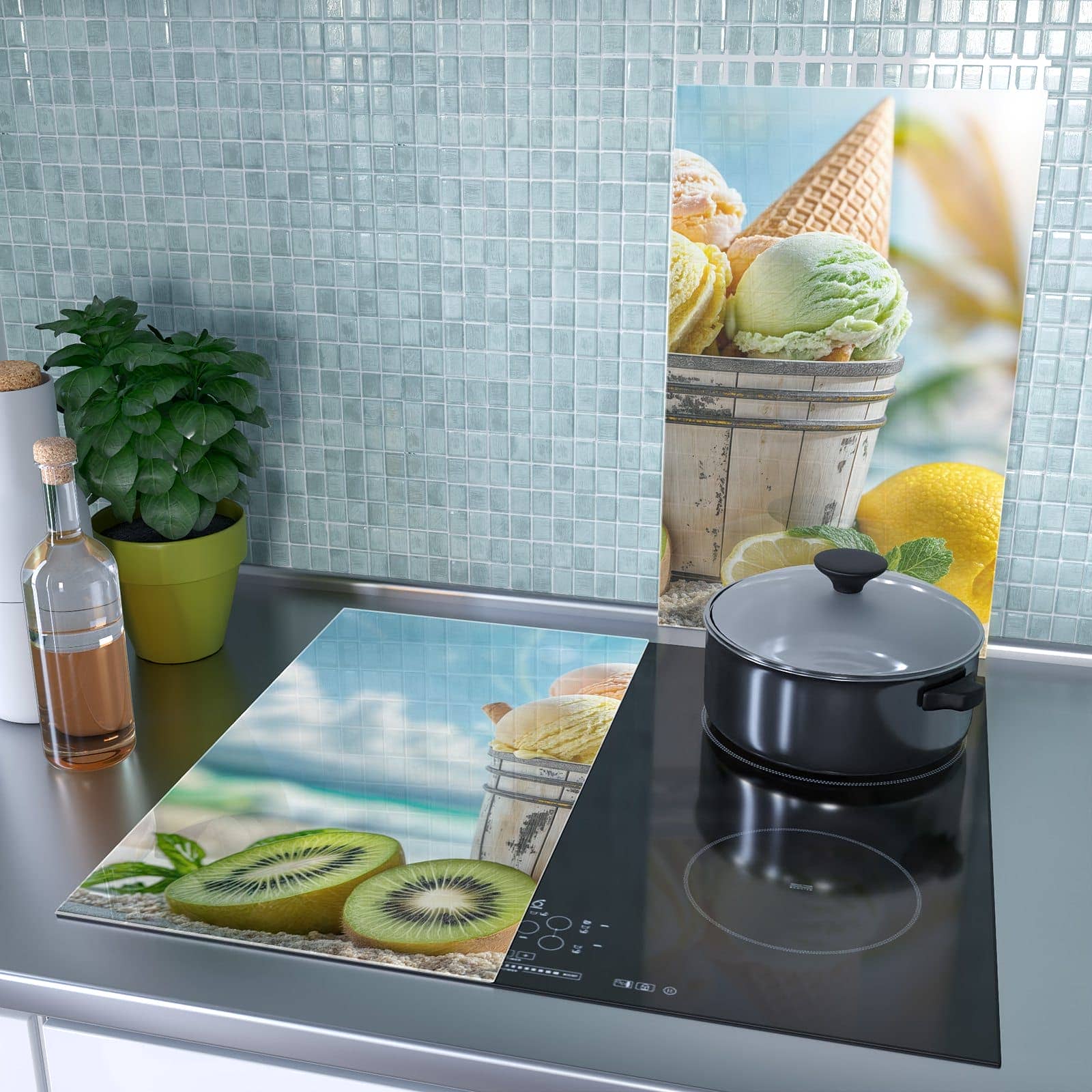 2-teilige Herdabdeckplatten aus Glas mit Buntes Strandeis-Motiv als Spritzschutz hinter dem Kochfeld