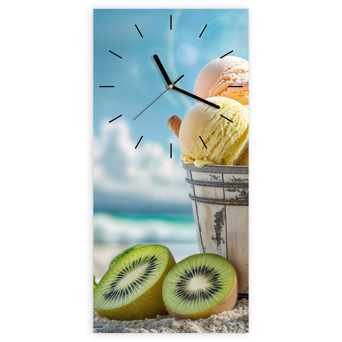 Wanduhr Buntes Strandeis aus Glas – Hochformat 30 × 60 cm mit Ziffernblatt Linie
