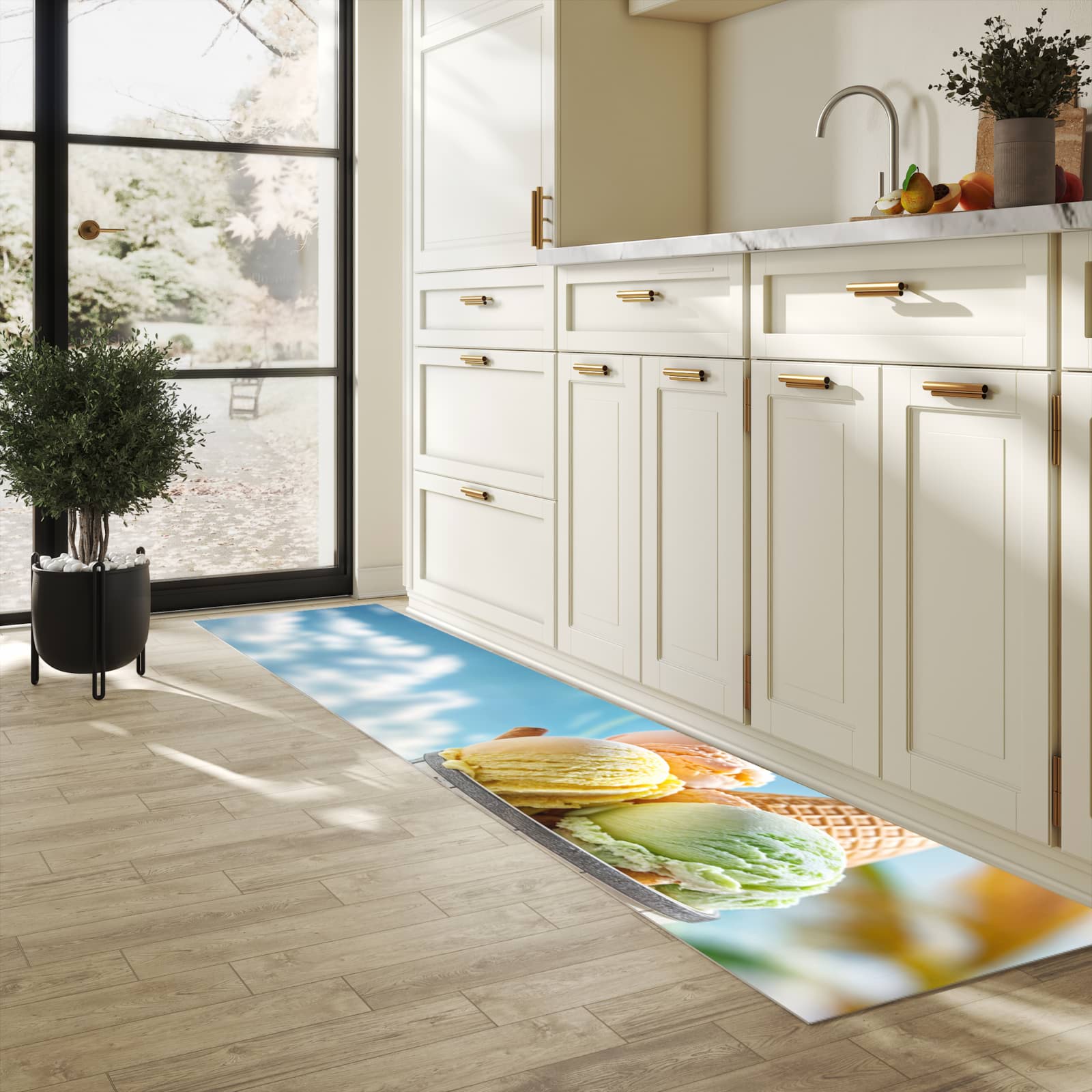 Rutschfester Teppich für Esstisch mit Motiv Eis von Sommerliches in heller Küche