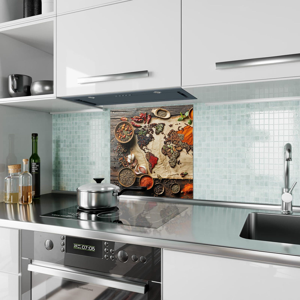 Küchenrückwand Weltkarte aus Gewürzen aus Glas – Kontinente aus Gewürzen gelegt