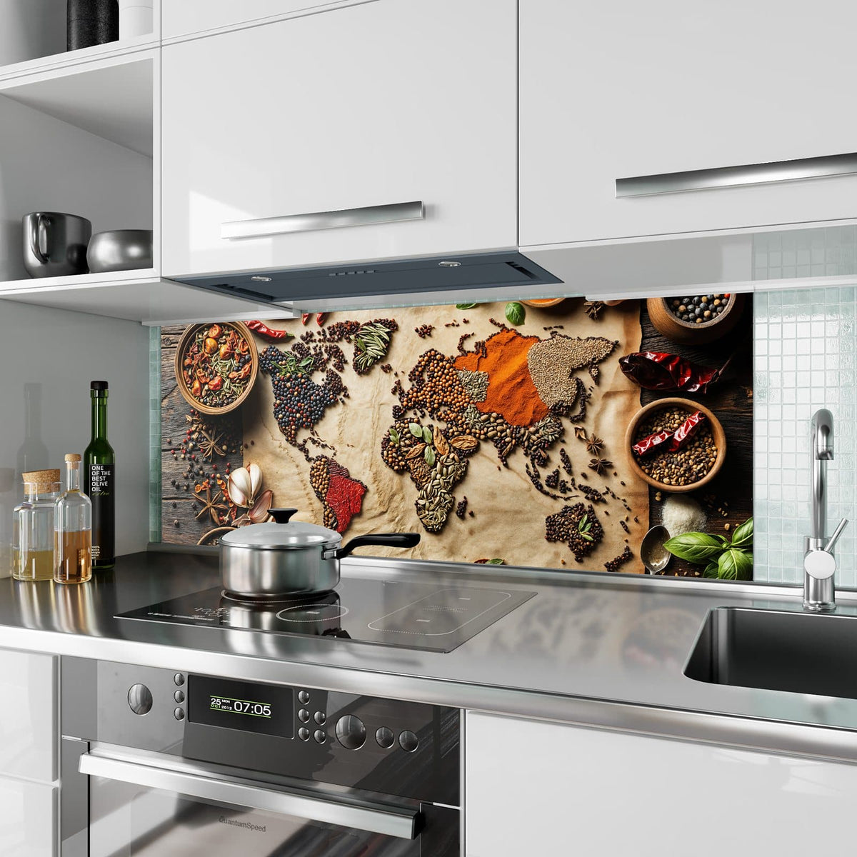 Küchenrückwand aus Glas Weltkarte aus Gewürzen im Hochformat als Spritzschutz hinter dem Kochfeld, über dem Fliesenspiegel montiert
