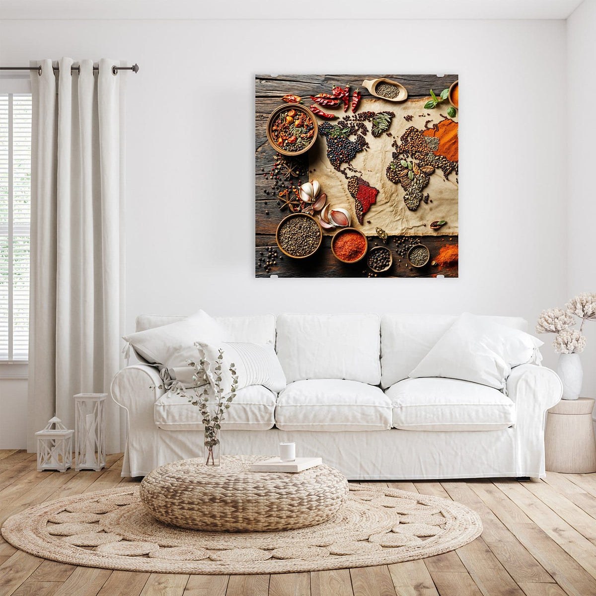 Glasbild Weltkarte aus Gewürzen an der Wand – Kontinente auf altem Pergament, komplett aus Gewürzen und Körnern gelegt, drumherum Schalen mit Paprika, Chilis, Knoblauch