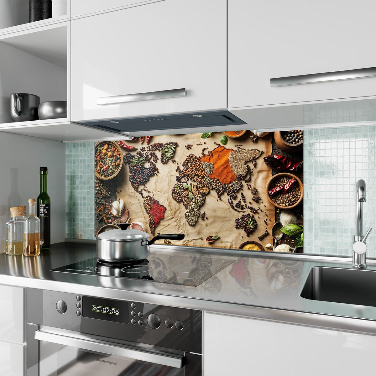 Küchenrückwand aus Glas Weltkarte aus Gewürzen im Hochformat als Spritzschutz hinter dem Kochfeld, über dem Fliesenspiegel montiert