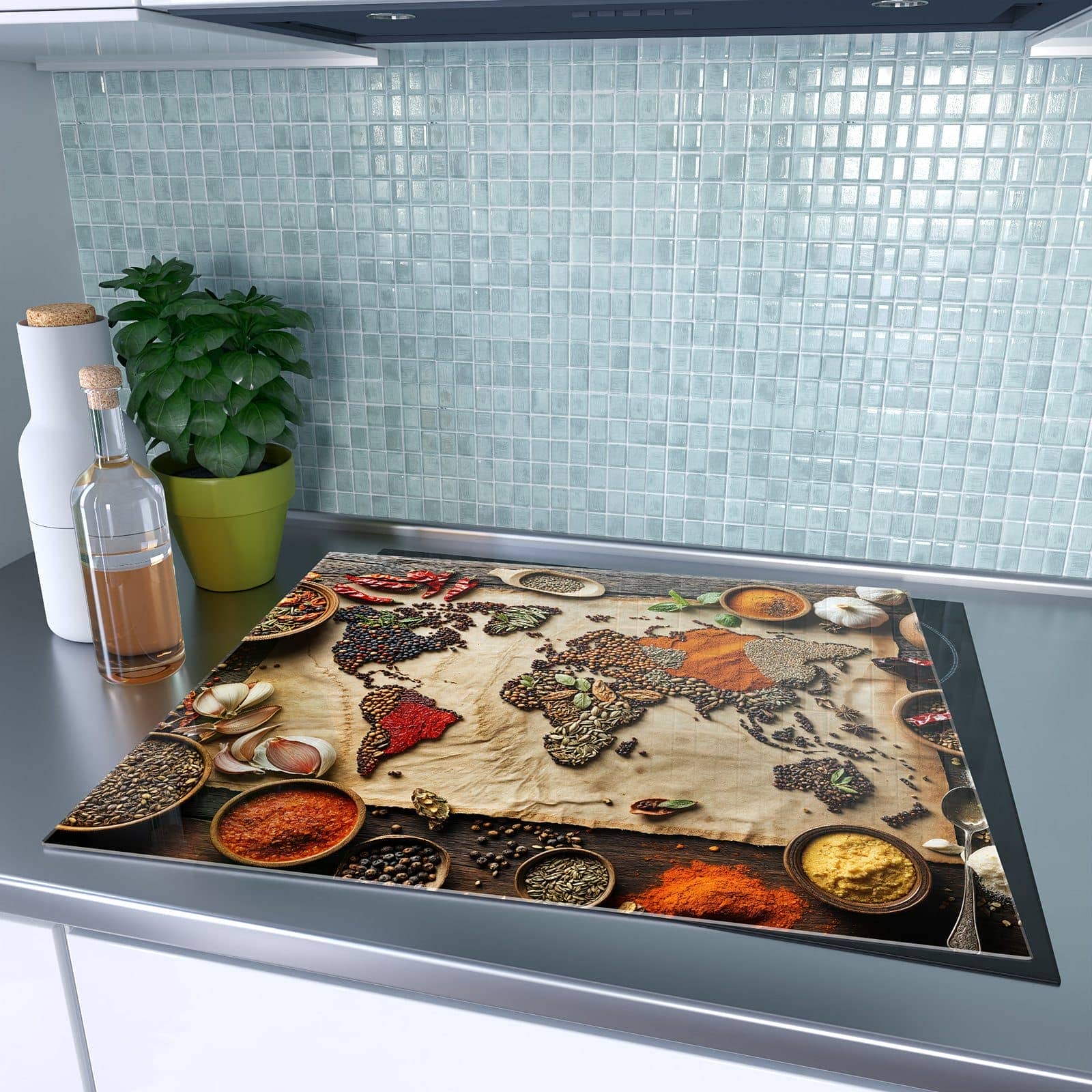 1-teilige Herd Schutzplatte mit Weltkarte Vintage-Motiv auf dem Ceranfeld