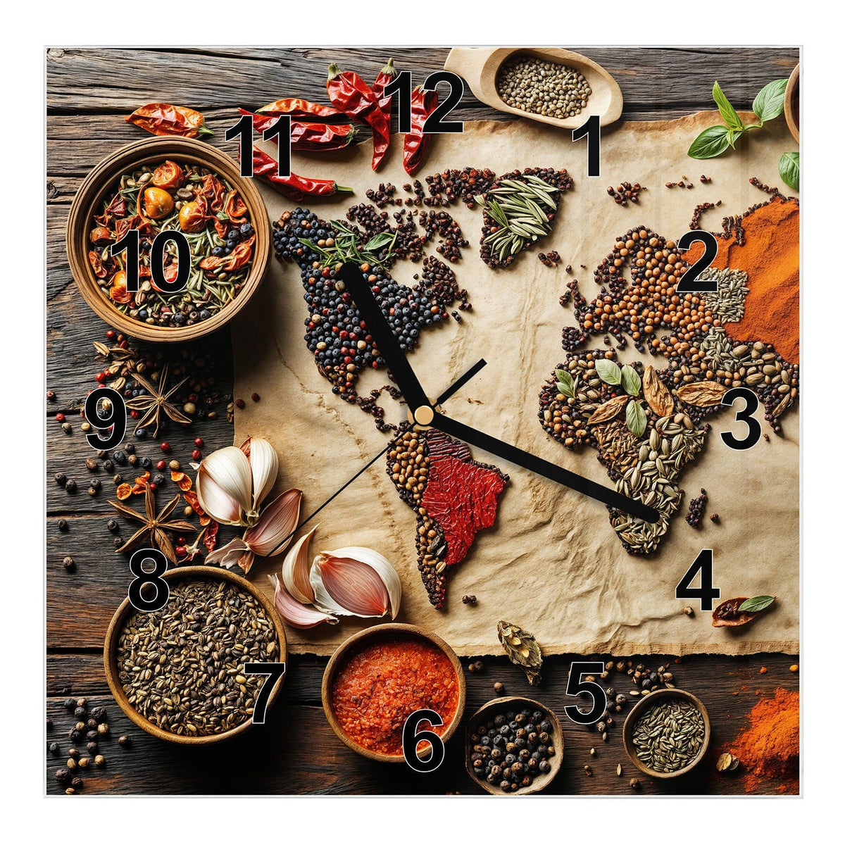 Wanduhr aus Glas, Ziffernblatt Modern mit Motiv Weltkarte aus Gewürzen: Kontinente auf altem Pergament, komplett aus Gewürzen und Körnern gelegt #ziffernblatt_Modern
