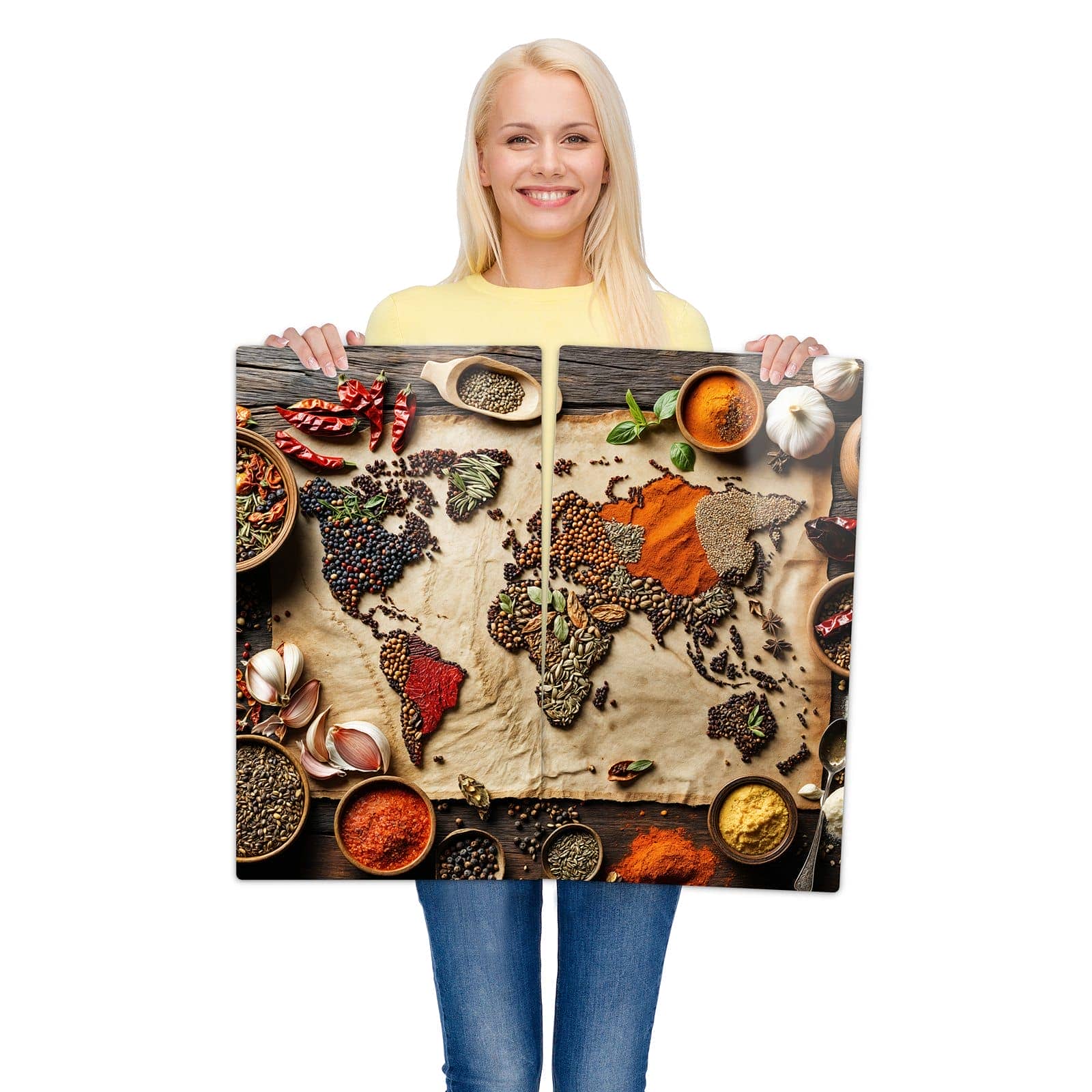 2-teilige Herdabdeckplatte mit Weltkarte Vintage-Motiv wird zur Größendarstellung gehalten